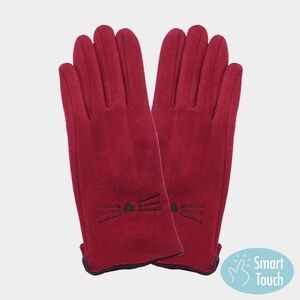 Burgundy Cat Whiskers Suede Smart Touch Fun Winter Gloves Trendy Statement